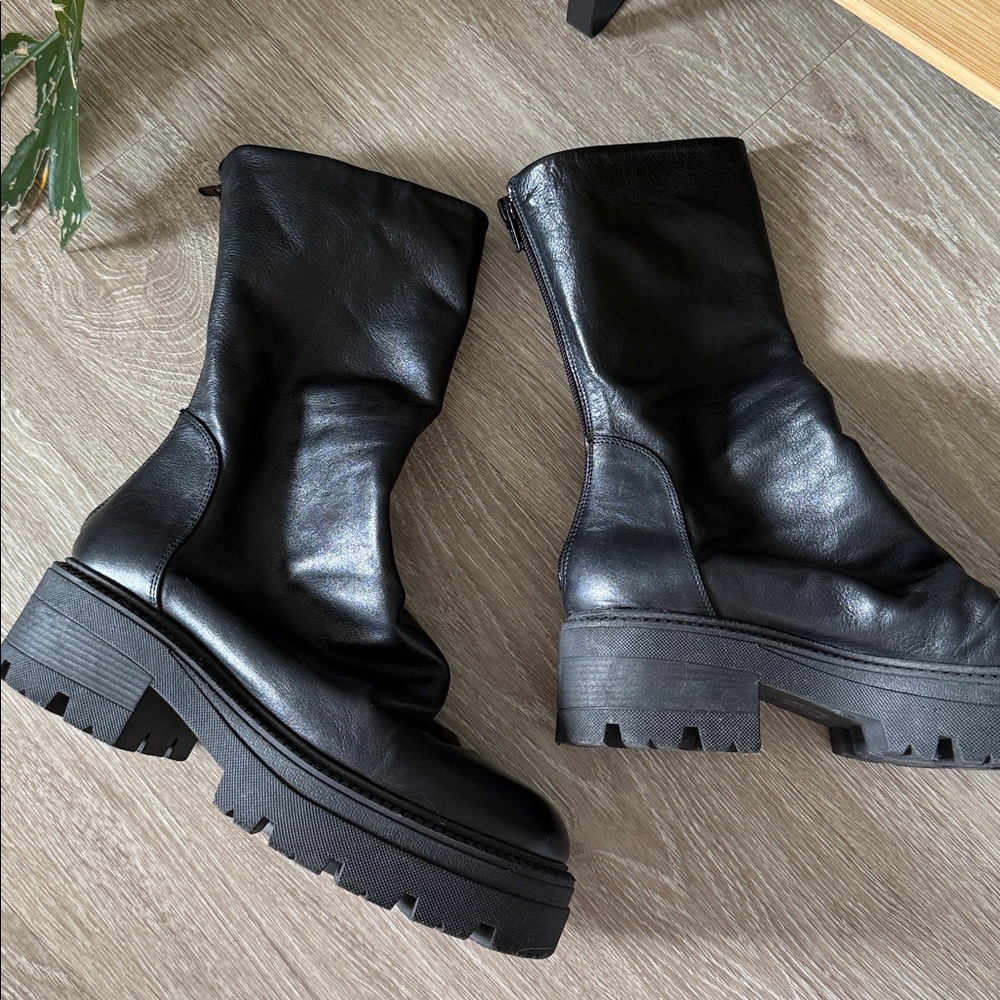 Free People Emma Platform Combat Boots Ruched Black Leather Size 38